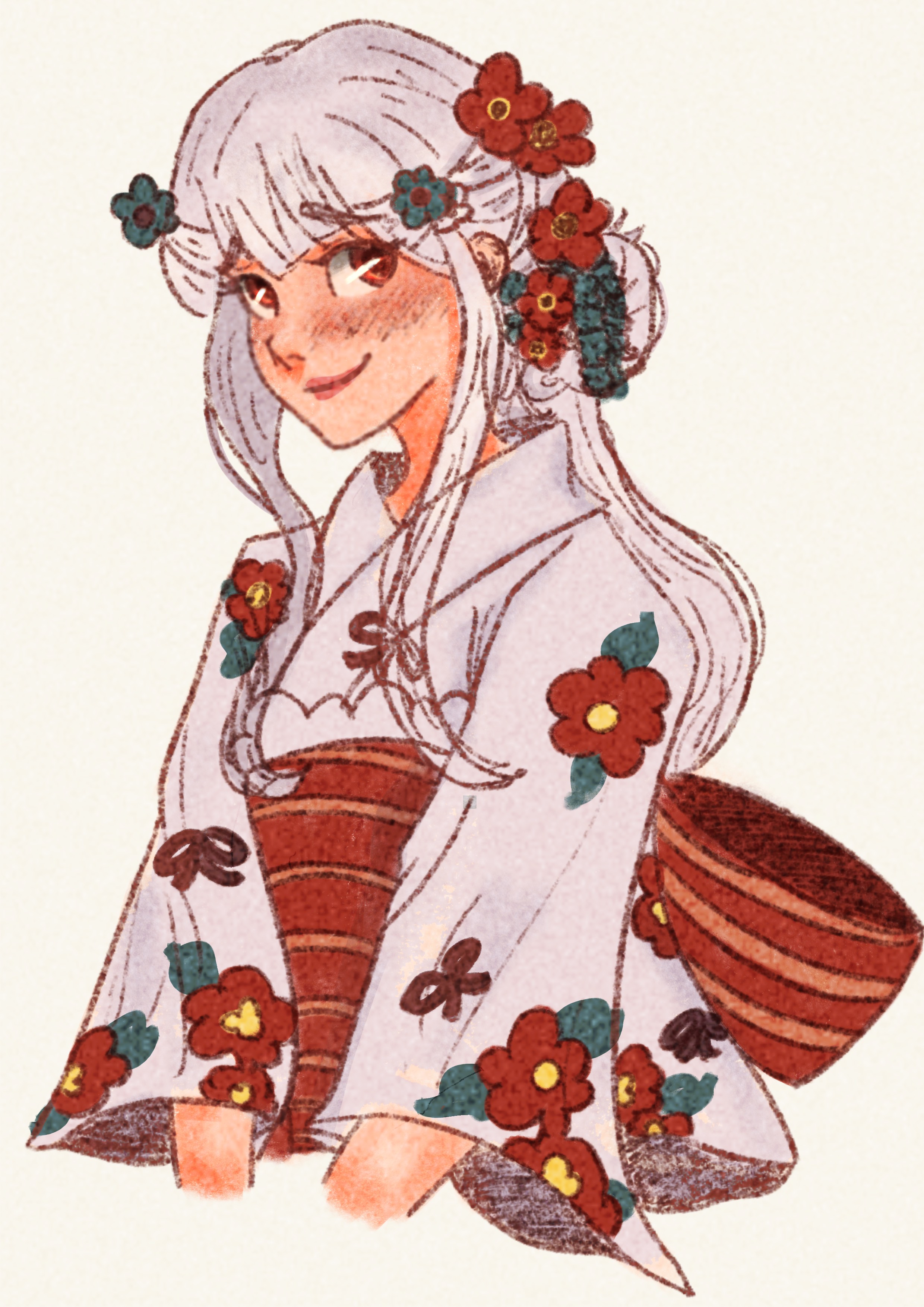 Colored halfbody sketch of Nene in her Summer lights arc flower yukata with flowers in her hair